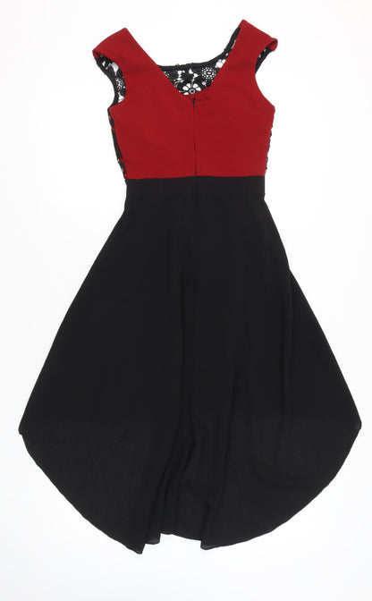 Mela London Women’s Black Red Lace A-Line Hi-Low Dress UK 8