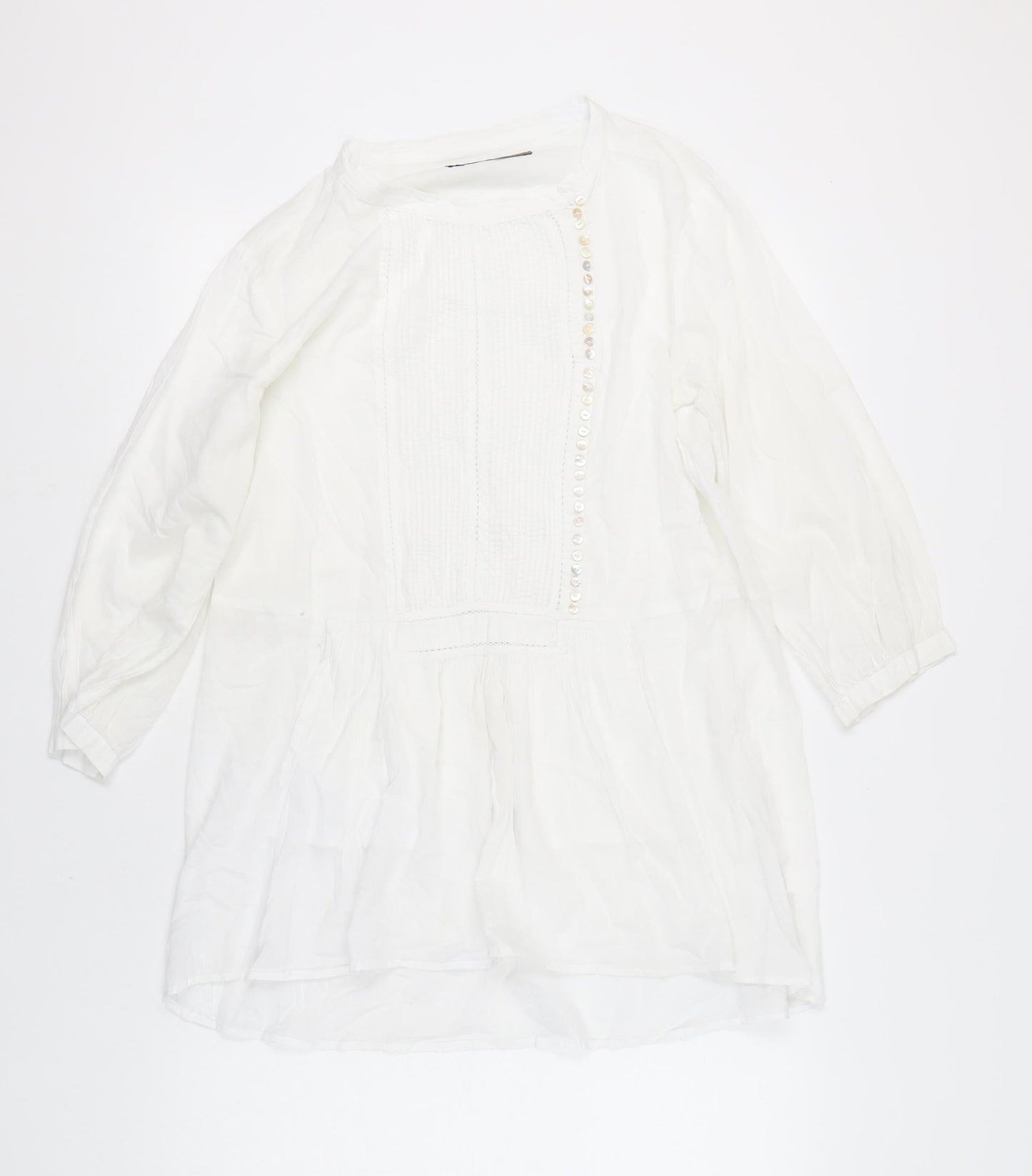 Zara Basic Womens White Cotton Tunic Blouse L 3/4 Sleeve