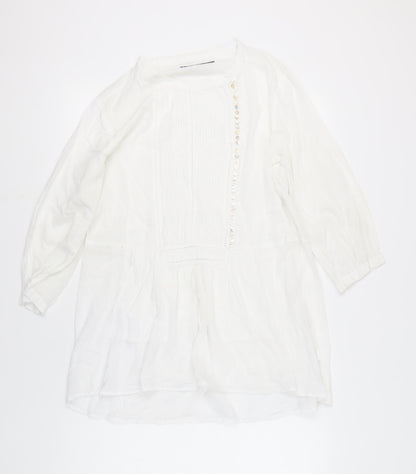 Zara Basic Womens White Cotton Tunic Blouse L 3/4 Sleeve