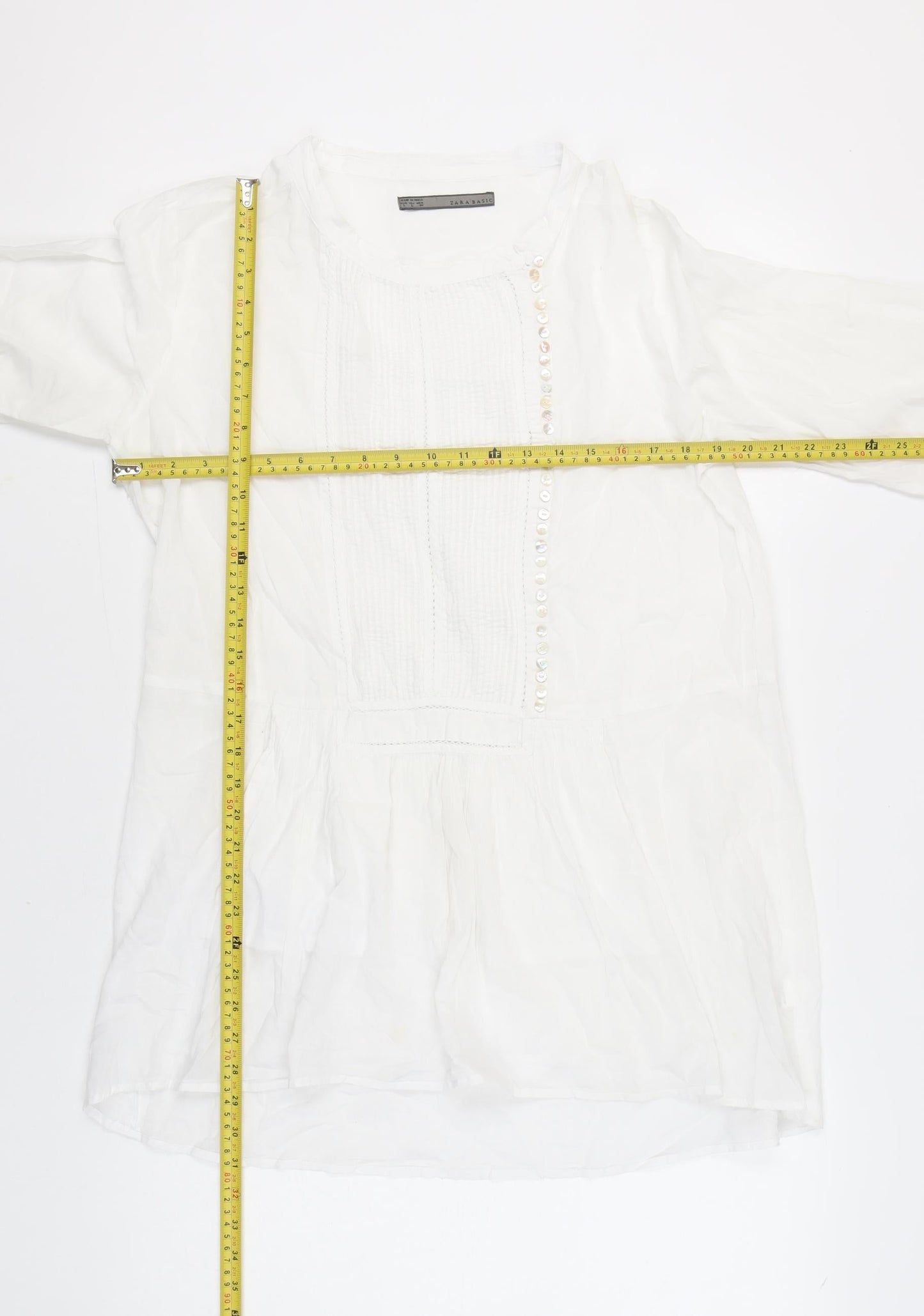 Zara Basic Womens White Cotton Tunic Blouse L 3/4 Sleeve