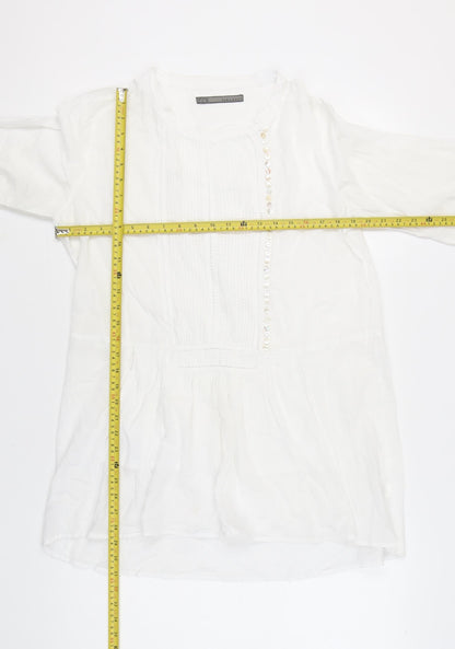 Zara Basic Womens White Cotton Tunic Blouse L 3/4 Sleeve