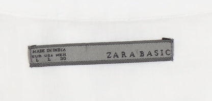 Zara Basic Womens White Cotton Tunic Blouse L 3/4 Sleeve