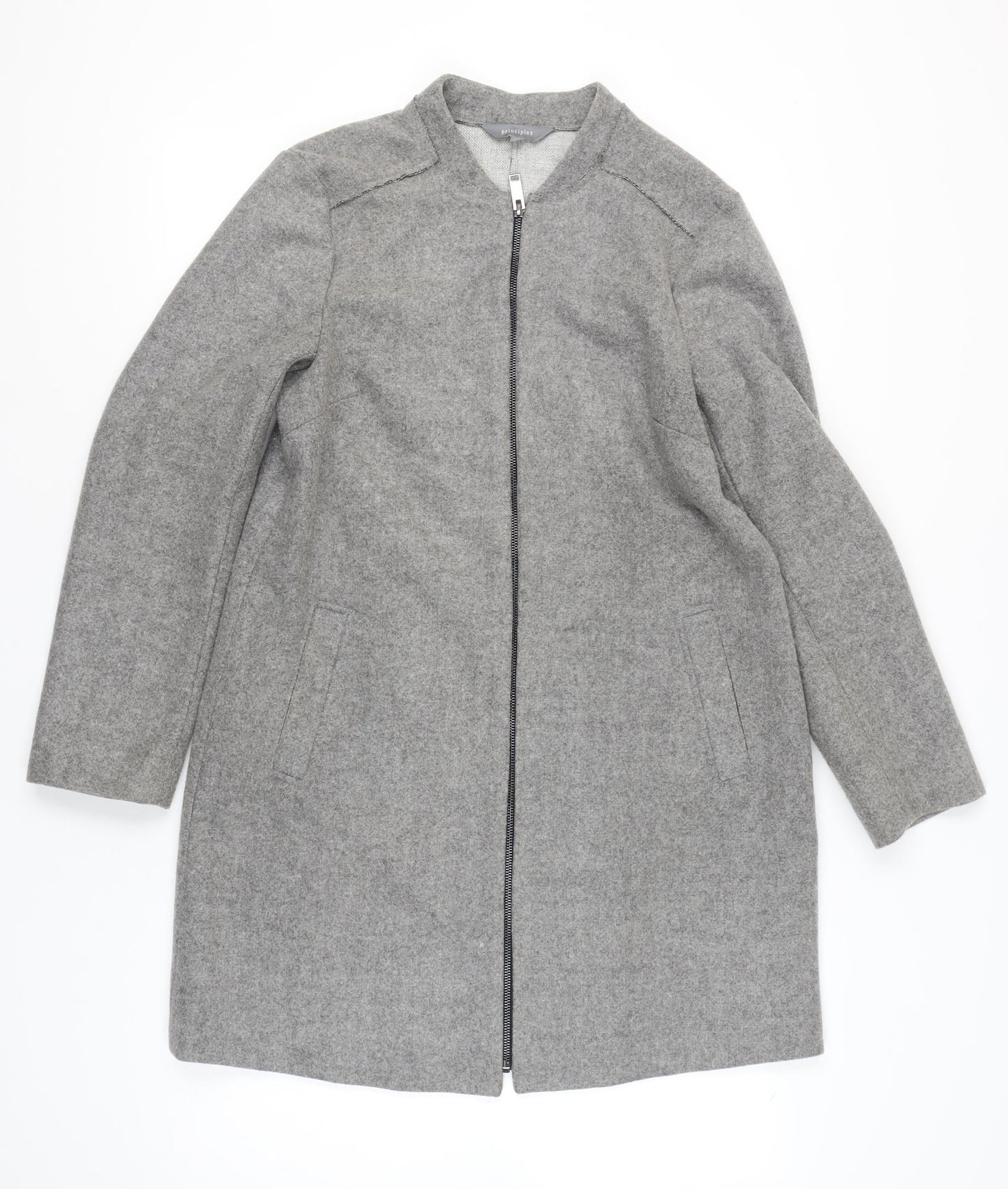 Principles Womens Grey Wool Blend Zip Up Overcoat Size 14 Regular