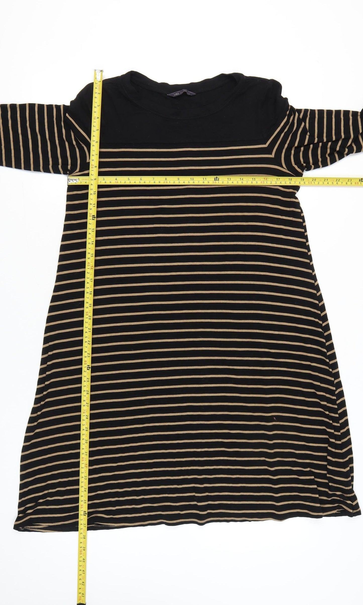 Marks and Spencer Women Black Beige Stripe Shift Dress Size 14