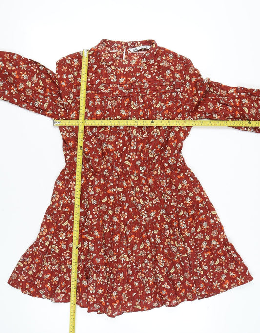 Zara Women Red Floral Cotton Shift Dress Size 14 Long Sleeve
