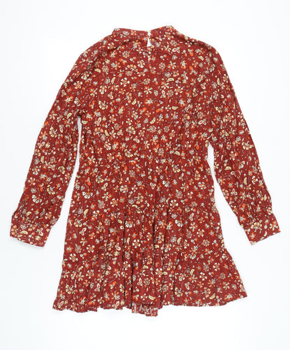 Zara Women Red Floral Cotton Shift Dress Size 14 Long Sleeve