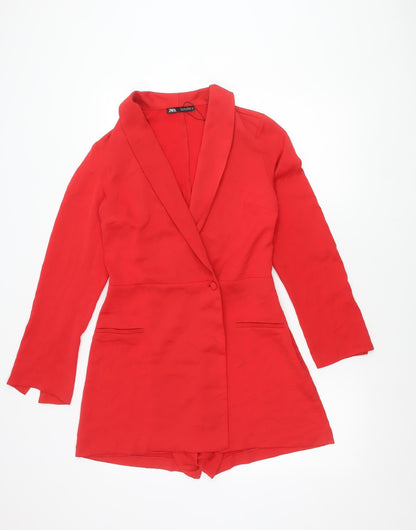 Zara Women Red Long Sleeve Crepe Playsuit Size 8 Button Front Party