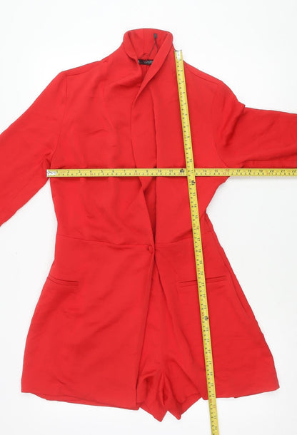 Zara Women Red Long Sleeve Crepe Playsuit Size 8 Button Front Party