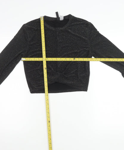 H&M Divided Womens Black Glitter Cropped Long Sleeve Party Top L