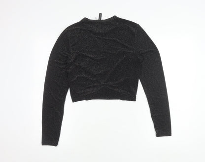 H&M Divided Womens Black Glitter Cropped Long Sleeve Party Top L