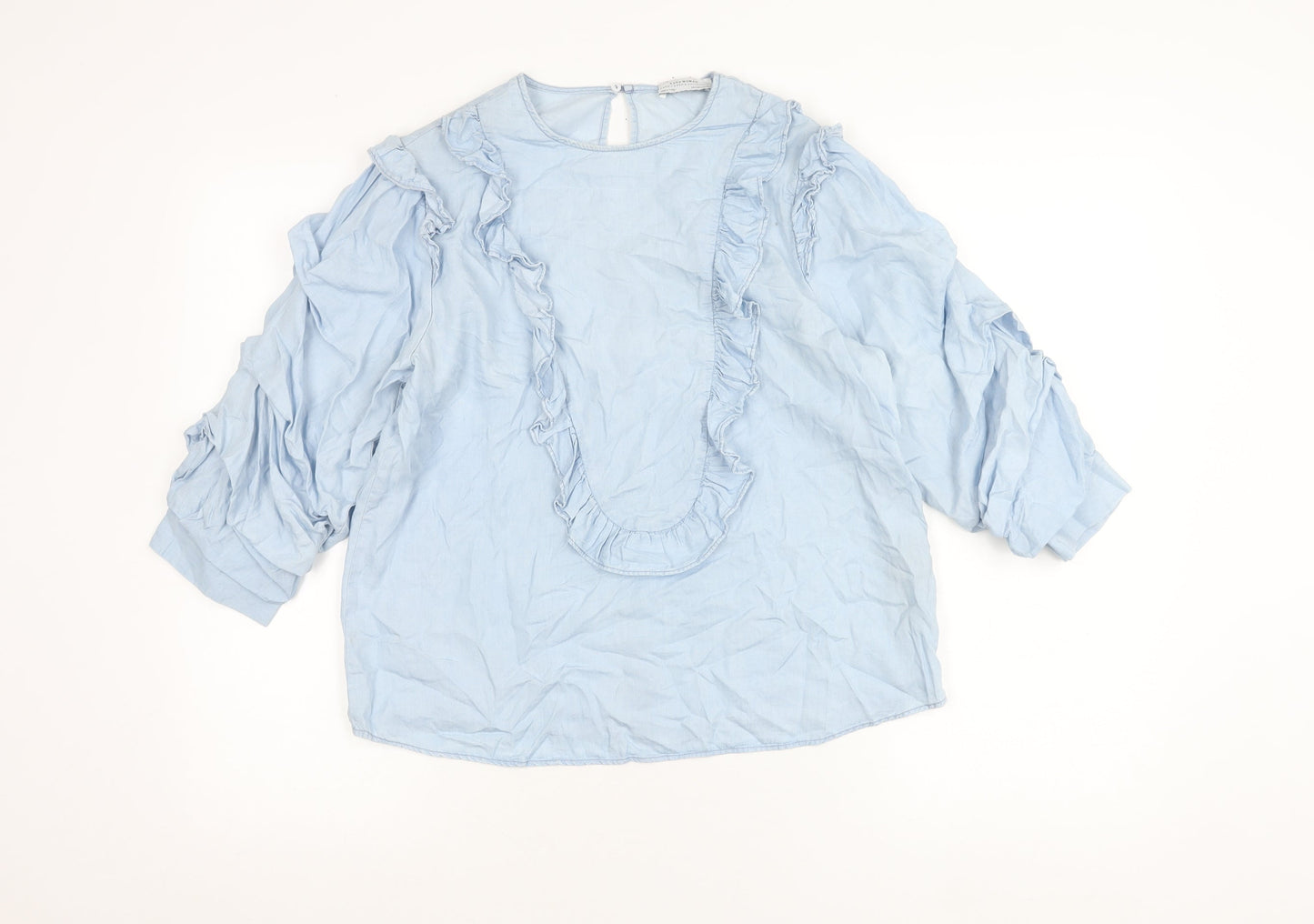 Zara Woman Blue Lyocell Ruffle Blouse Women M Long Sleeve Tunic