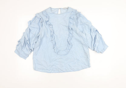 Zara Woman Blue Lyocell Ruffle Blouse Women M Long Sleeve Tunic