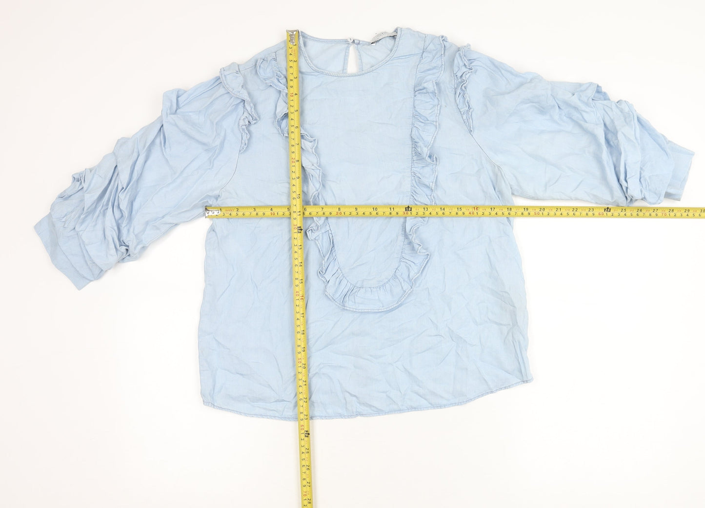Zara Woman Blue Lyocell Ruffle Blouse Women M Long Sleeve Tunic