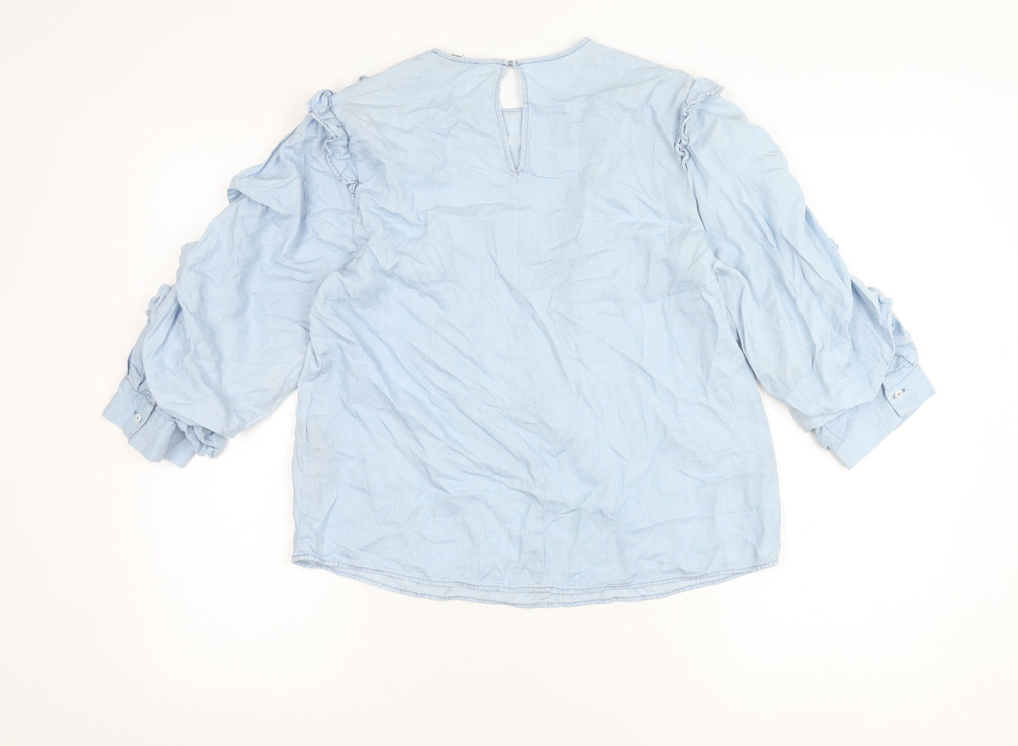 Zara Woman Blue Lyocell Ruffle Blouse Women M Long Sleeve Tunic