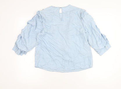 Zara Woman Blue Lyocell Ruffle Blouse Women M Long Sleeve Tunic