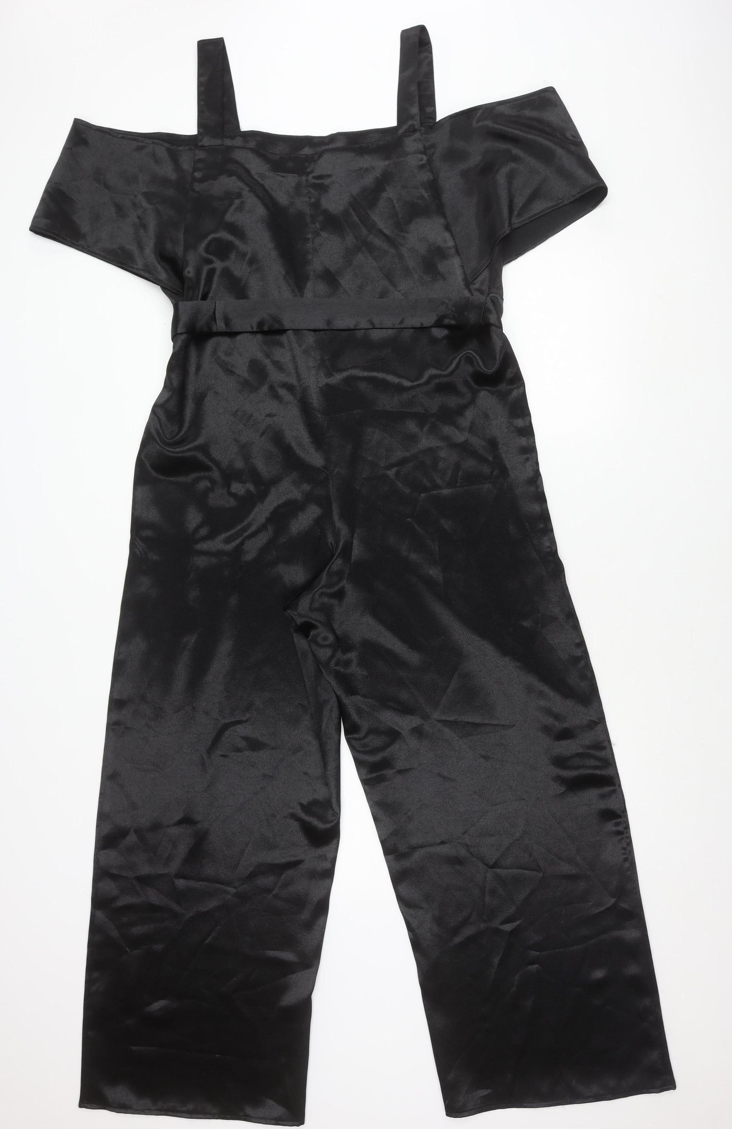 Topshop Women’s Black Satin Off Shoulder Wide Leg Jumpsuit UK 14