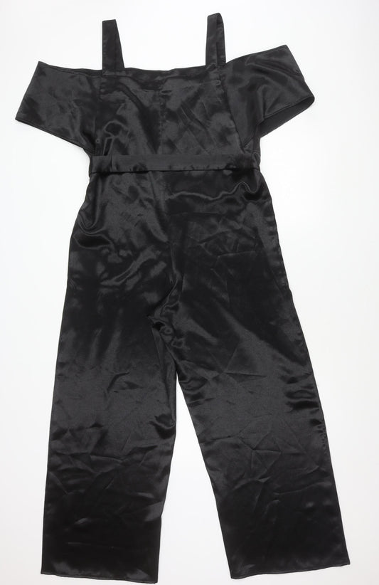 Topshop Women’s Black Satin Off Shoulder Wide Leg Jumpsuit UK 14