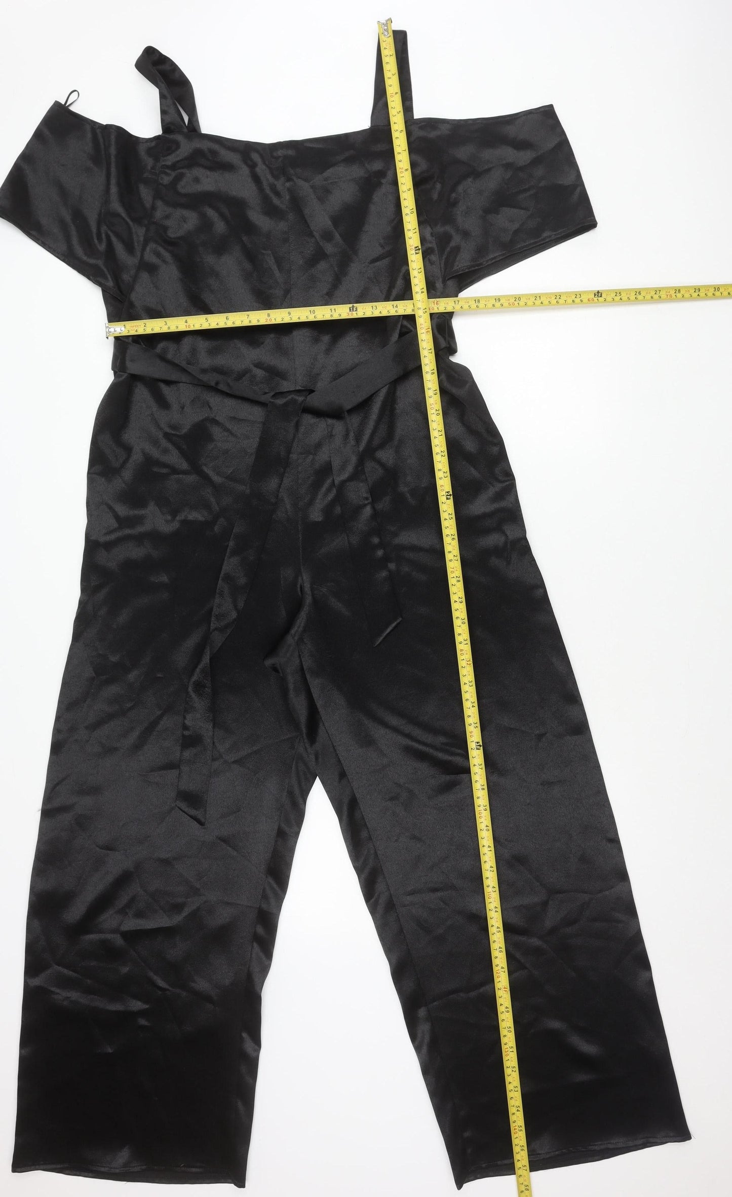 Topshop Women’s Black Satin Off Shoulder Wide Leg Jumpsuit UK 14