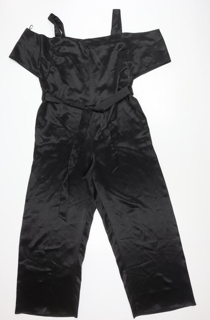 Topshop Women’s Black Satin Off Shoulder Wide Leg Jumpsuit UK 14