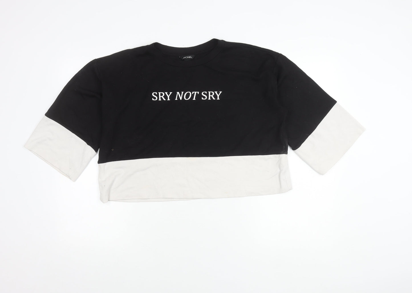Monki Women’s Black White Pullover Sweatshirt S Slogan 3/4 Sleeve