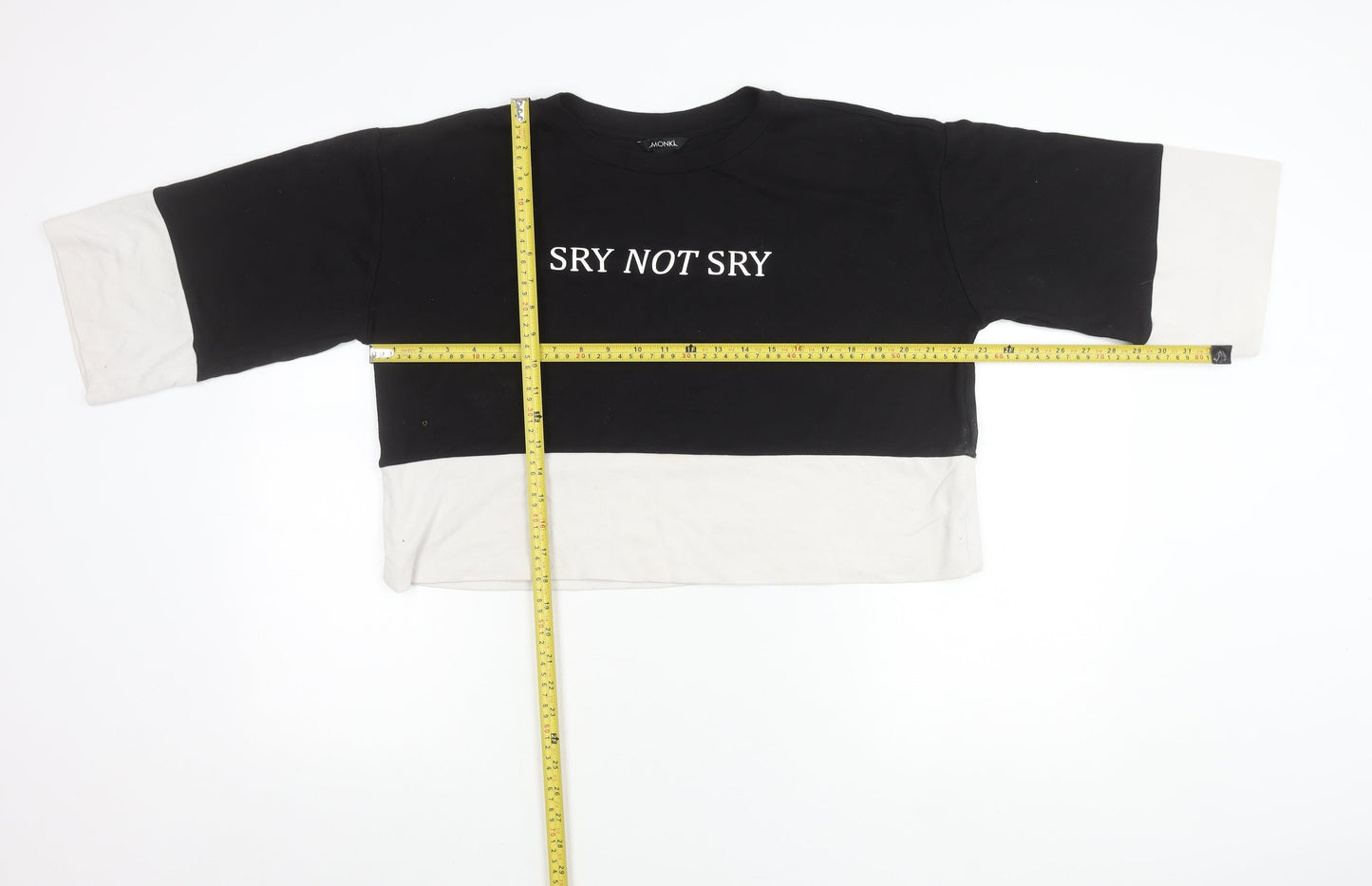 Monki Women’s Black White Pullover Sweatshirt S Slogan 3/4 Sleeve