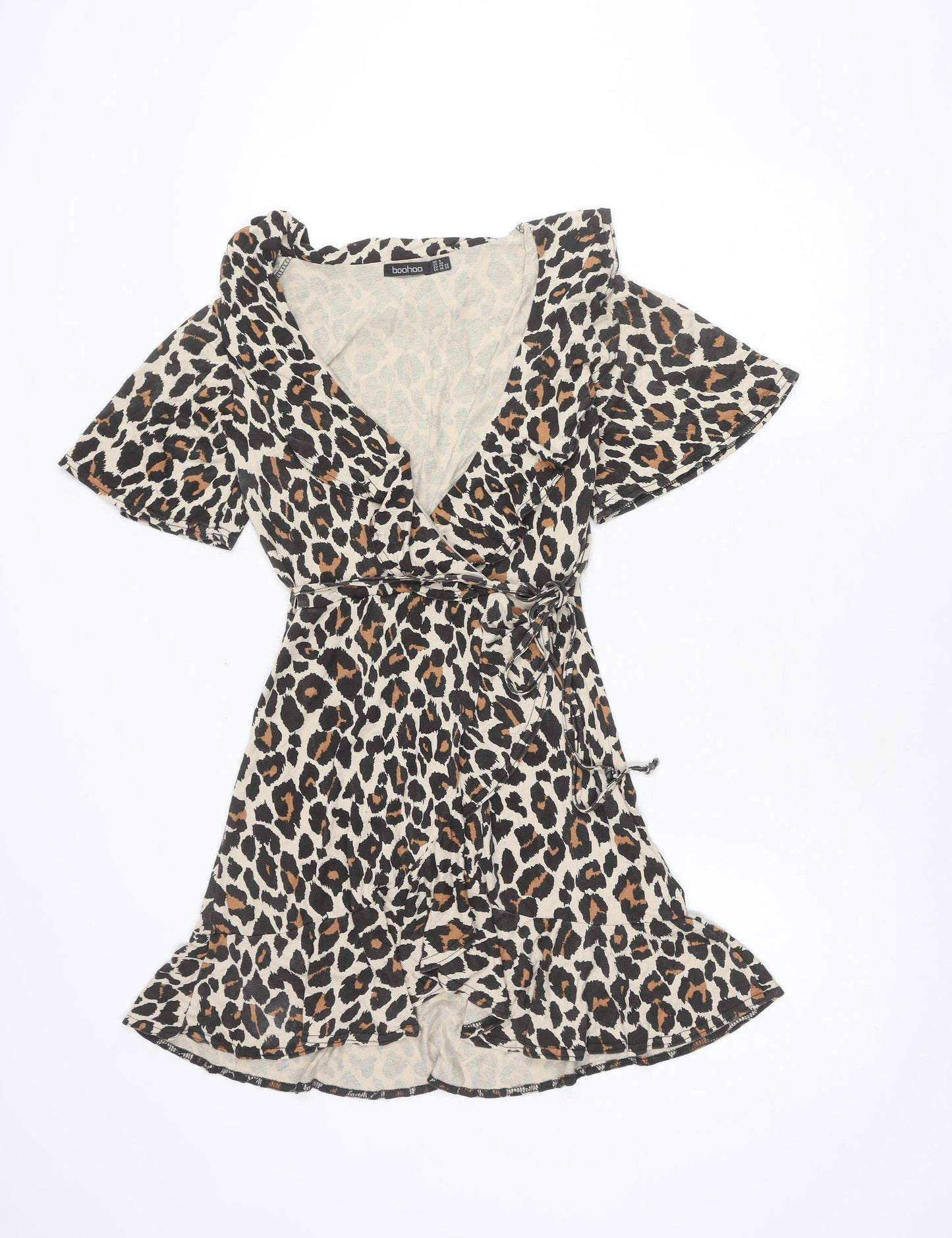 Boohoo Women’s Leopard Print Mini Wrap Dress UK 4 V-Neck