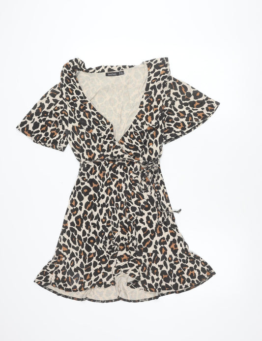 Boohoo Women’s Leopard Print Mini Wrap Dress UK 4 V-Neck