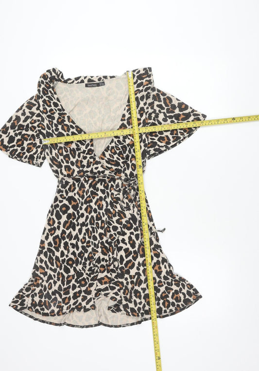 Boohoo Women’s Leopard Print Mini Wrap Dress UK 4 V-Neck