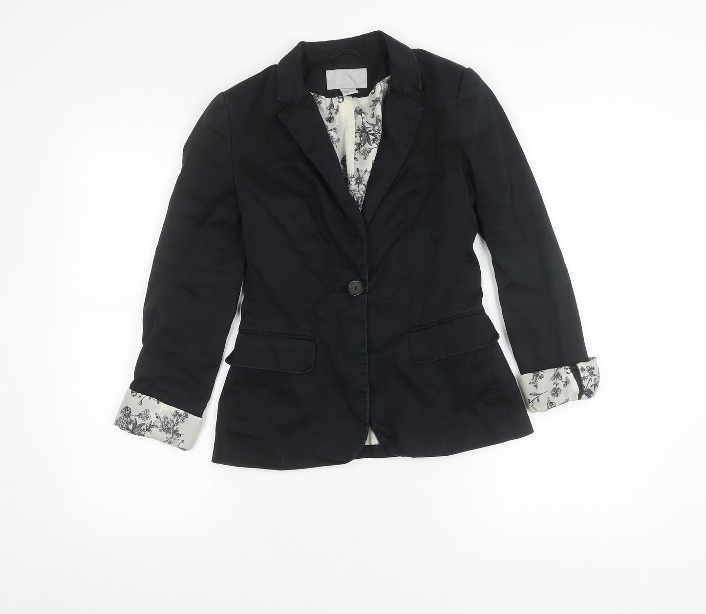 H&M Women's Black Size 6 Cotton Blend One-Button Blazer Jacket