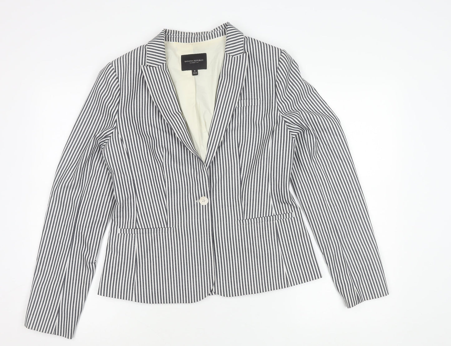 Banana Republic Women Black Striped Blazer Size 10 Classic Fit
