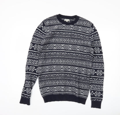 Reiss Men's Blue Fair Isle Wool Blend Jumper Size S Crew Neck
