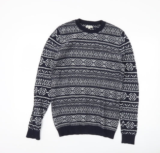 Reiss Men's Blue Fair Isle Wool Blend Jumper Size S Crew Neck