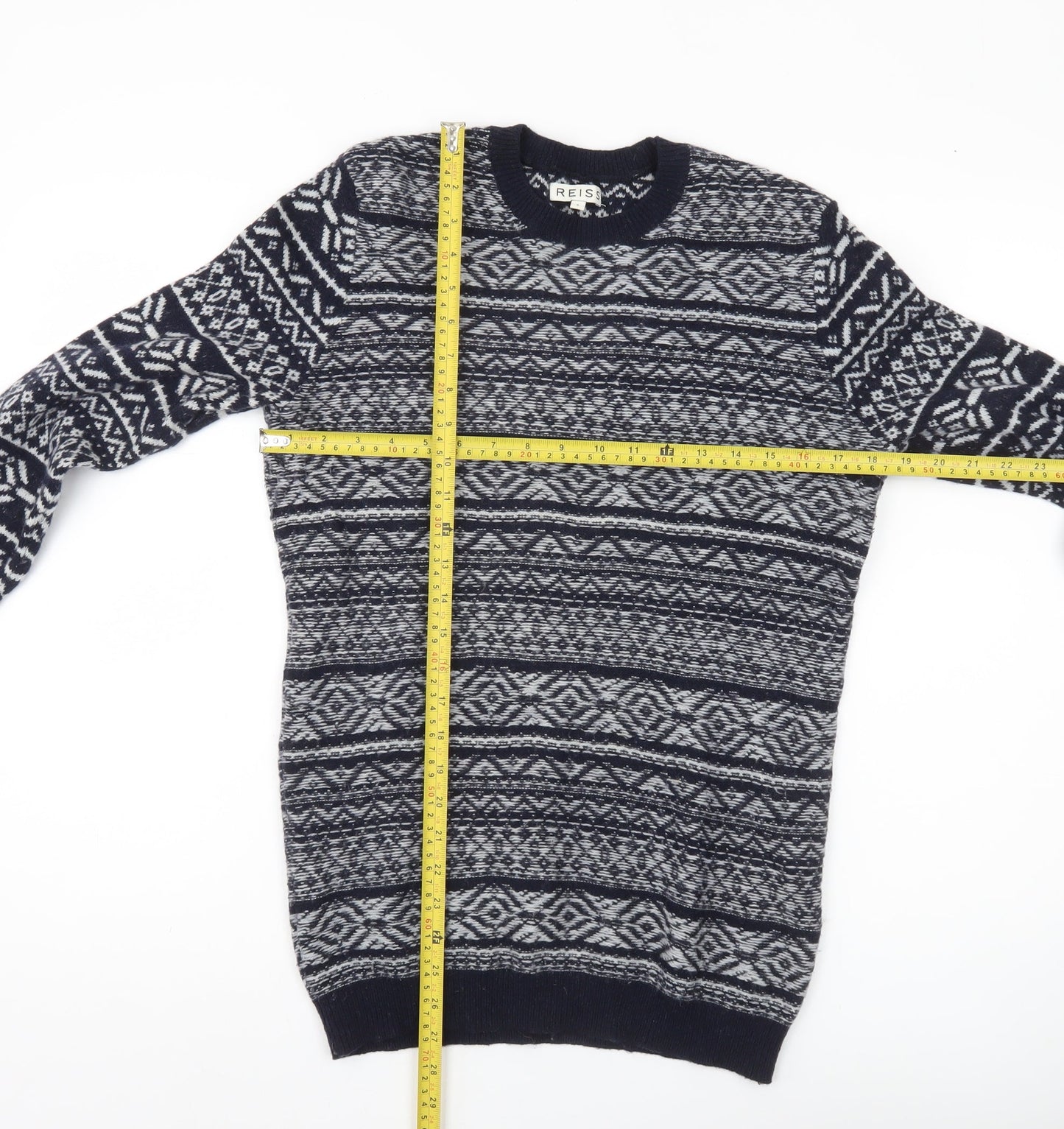 Reiss Men's Blue Fair Isle Wool Blend Jumper Size S Crew Neck