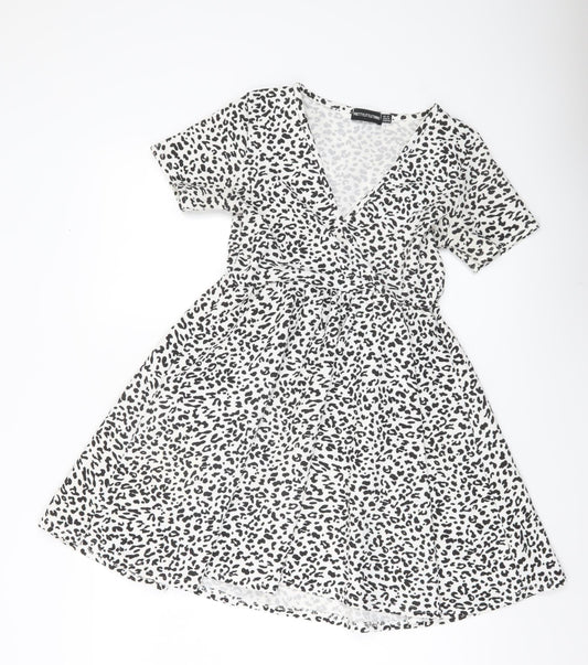 PrettyLittleThing Womens White Leopard Print Skater Dress Size 12