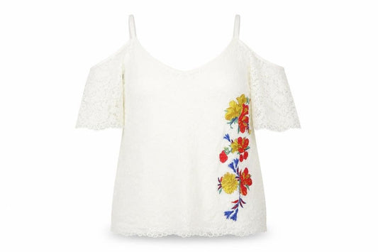 Front view of Soon women’s white lace floral embroidered cold shoulder blouse, size UK 18