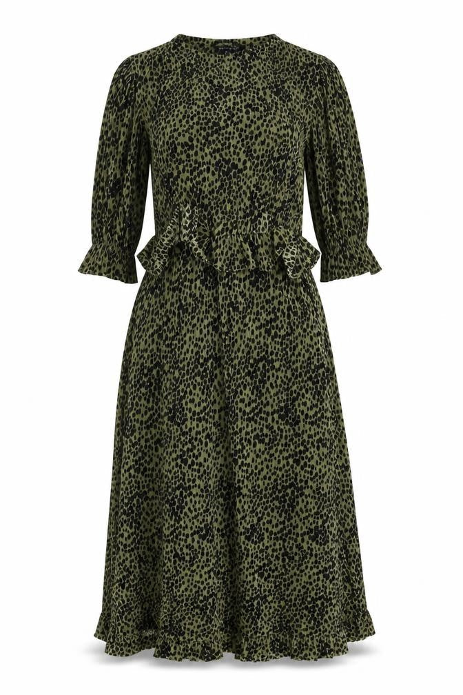 Front view of Miss Selfridge Women’s Green Animal Print Midi Dress, size UK 8