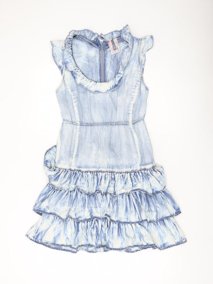 Next Womens Blue Tie Dye Sleeveless Skater Dress Size 10 Ruffle Hem