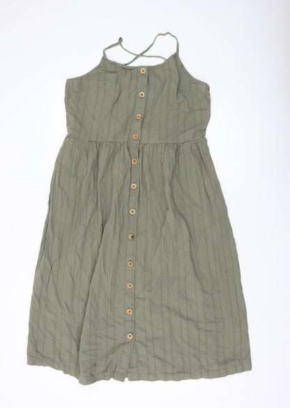 Animal Women’s Green Cotton Midi Sundress Size 14 Button Front