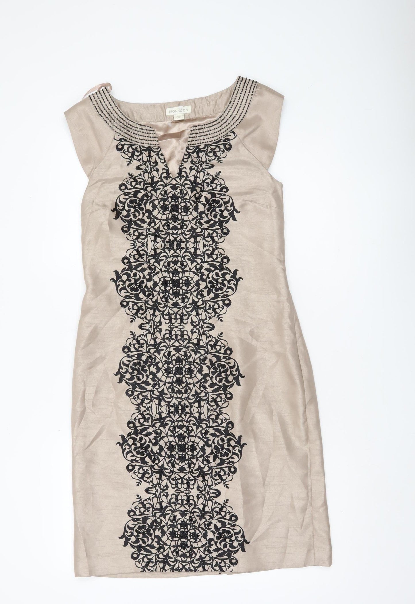 Monsoon Women’s Beige Silk Sheath Dress Size 8 Sleeveless Embroidered