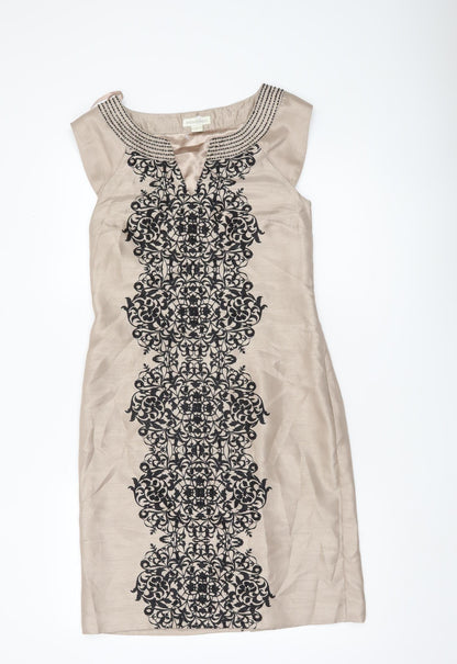 Monsoon Women’s Beige Silk Sheath Dress Size 8 Sleeveless Embroidered