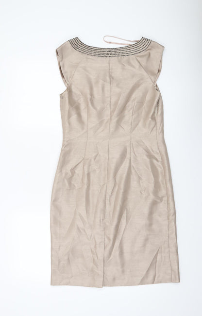 Monsoon Women’s Beige Silk Sheath Dress Size 8 Sleeveless Embroidered