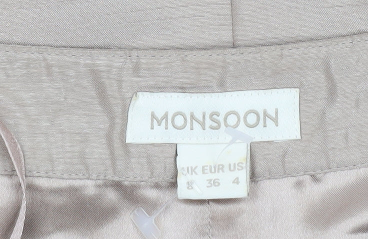 Monsoon Women’s Beige Silk Sheath Dress Size 8 Sleeveless Embroidered