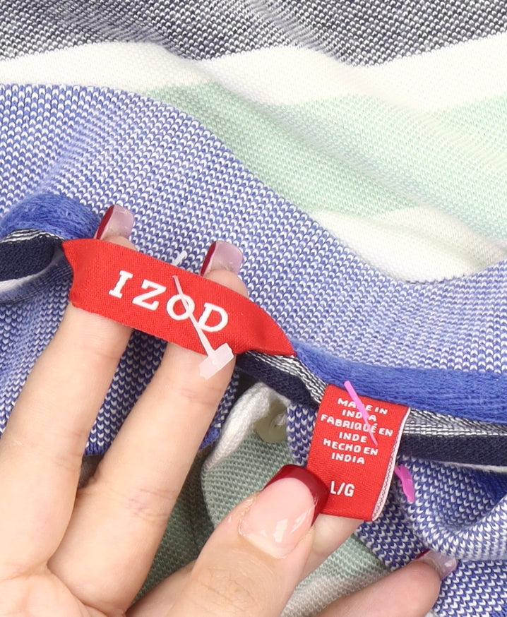 IZOD Men's Blue Striped Polo Shirt Size L Short Sleeve Cotton Blend