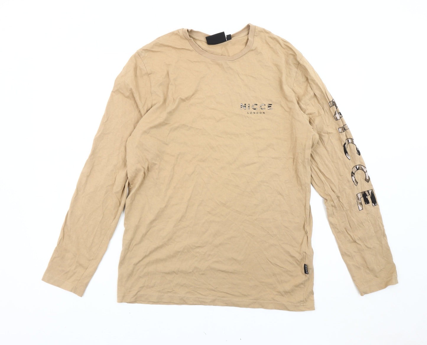 NICCE Men’s Beige Long Sleeve Crew Neck Cotton T-Shirt Size S