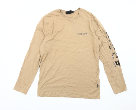 NICCE Men’s Beige Long Sleeve Crew Neck Cotton T-Shirt Size S