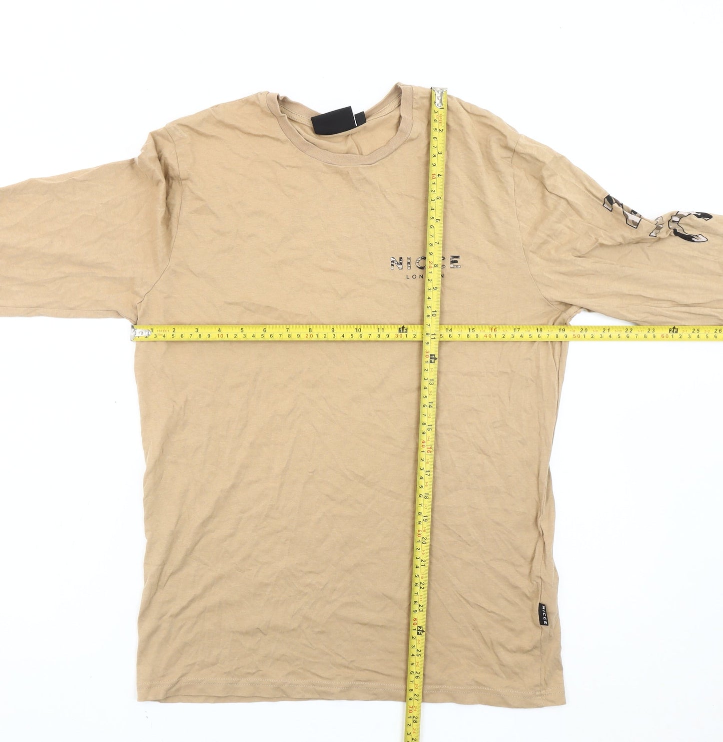 NICCE Men’s Beige Long Sleeve Crew Neck Cotton T-Shirt Size S