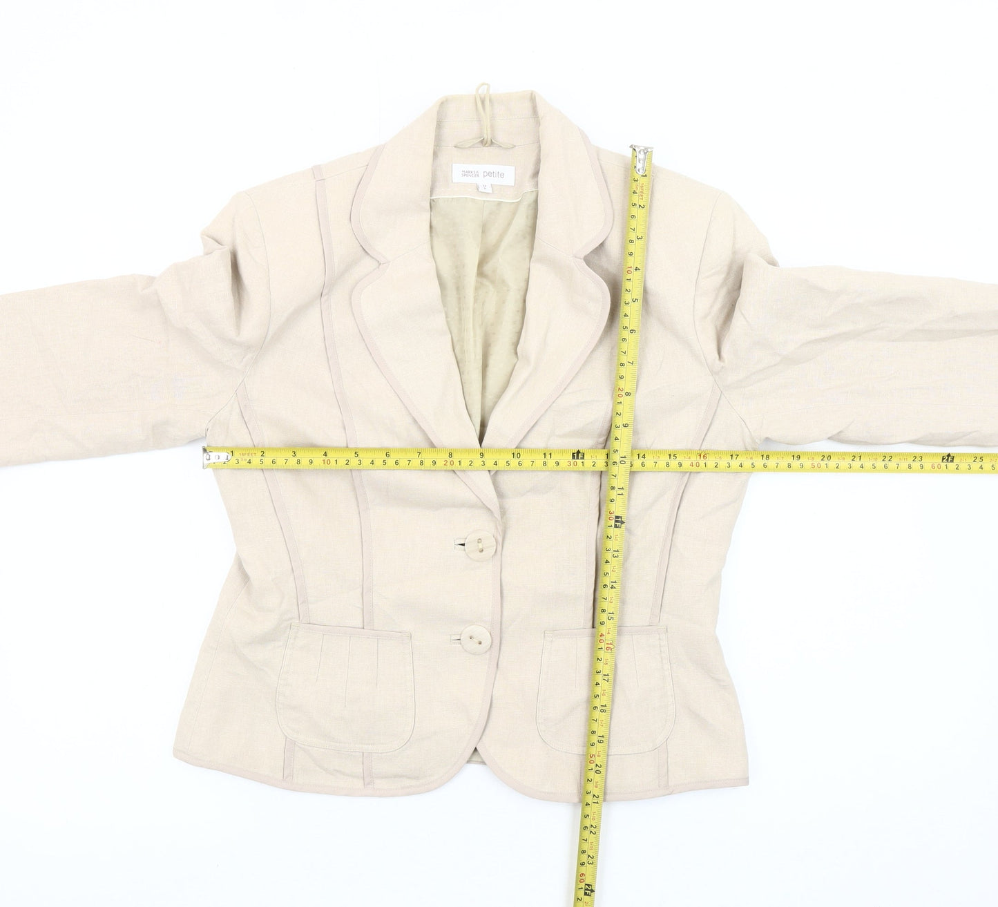 Marks and Spencer Women Beige Petite Blazer Jacket Size 12 Linen Blend