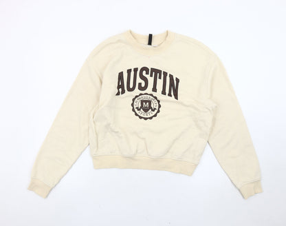 H&M Women Beige Pullover Sweatshirt Size 12 Logo Graphic