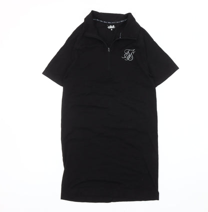 SikSilk Women Black M T-Shirt Dress Casual Zip Logo Short Sleeve