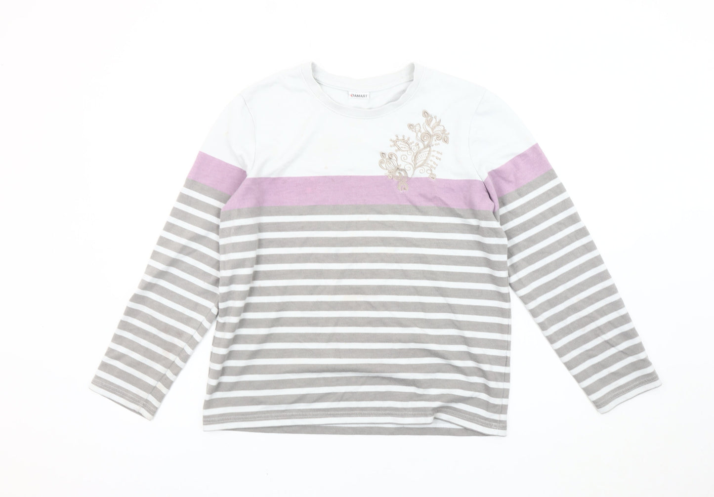 Damart Women’s White Grey Pink Striped Long Sleeve T-Shirt Size 10